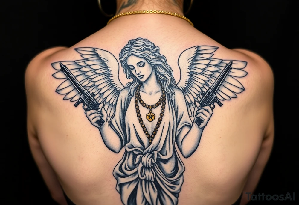 old angel statue in criminal style, tattooed and at the same time contemporary, weapons in hand, gangster-style gold necklaces tattoo idea