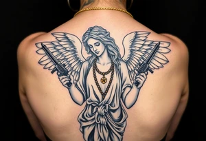 old angel statue in criminal style, tattooed and at the same time contemporary, weapons in hand, gangster-style gold necklaces tattoo idea