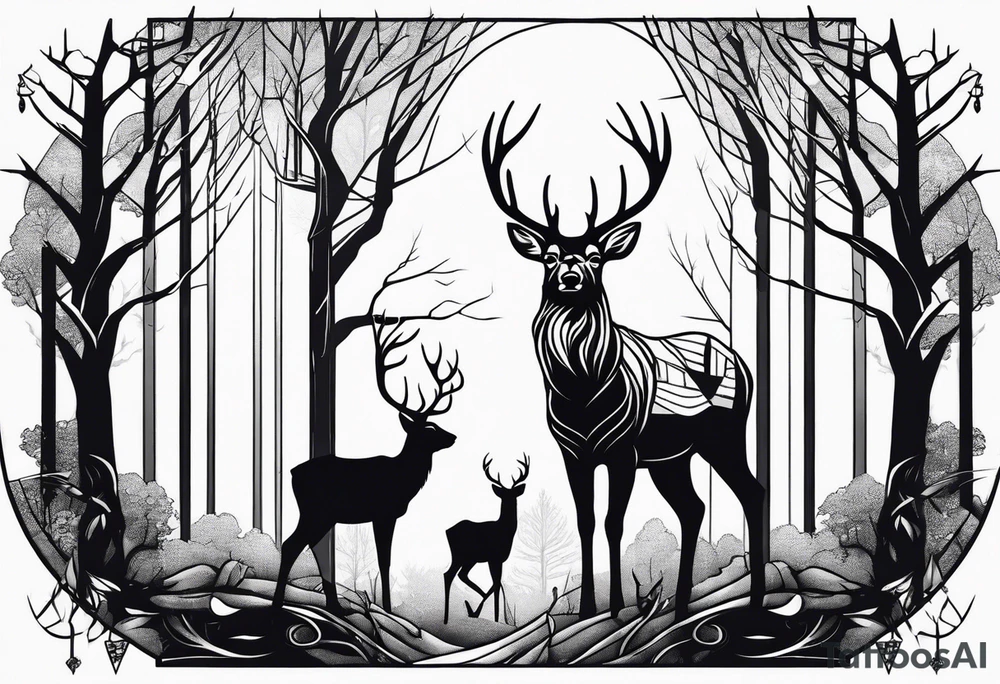Trees with a tree stand and a deer in front tattoo idea