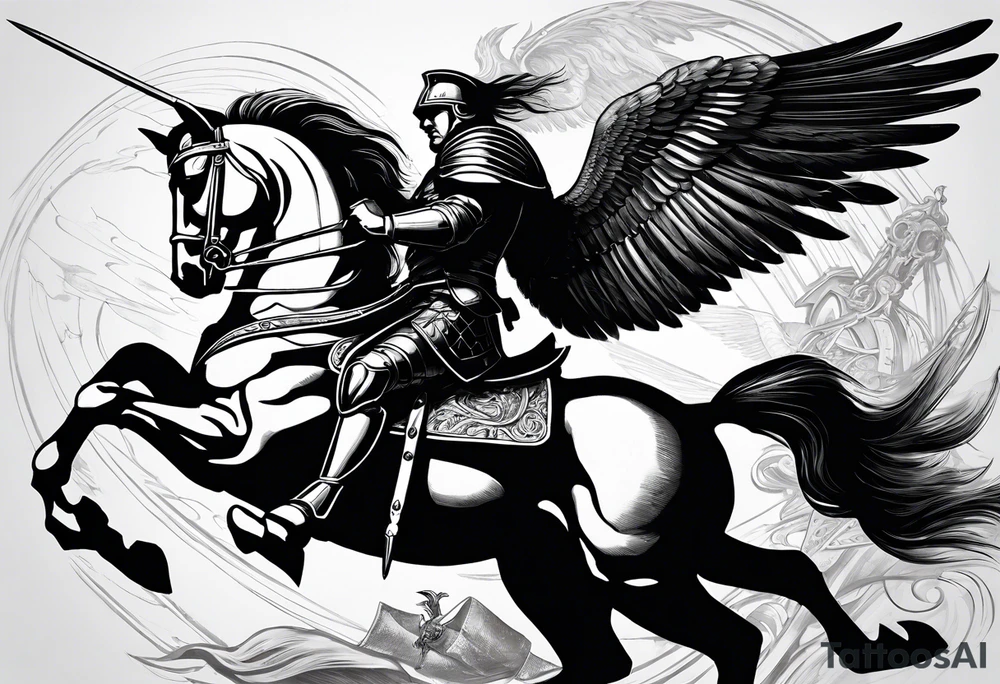 **Main Theme**: A Hussar on horseback in full armor, dynamically portrayed in the middle of a charge. The Hussar's wings are clearly visible, adding dynamics to the composition.
   - Archangel Michael positioned in the background, with a raised sword ready for battle, armed with a shield.
   - The Hussar is holding a banner showcasing the White Eagle.
   - Elements of the Arch tattoo idea