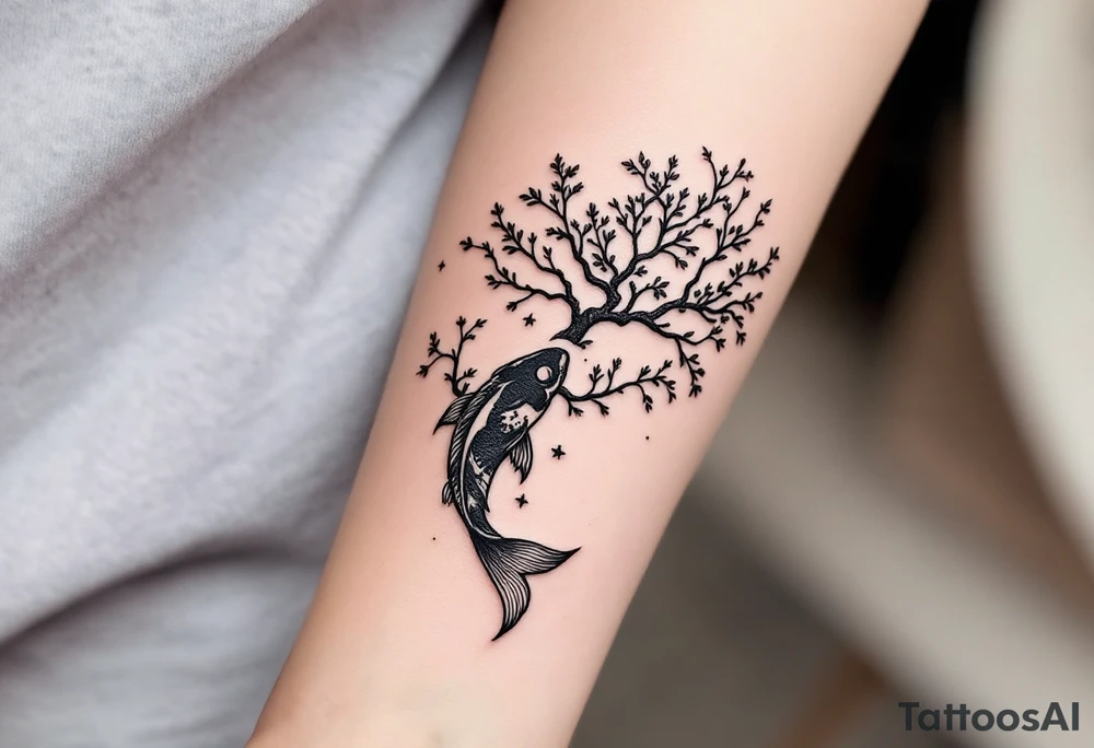 sakura tree, a moon, a koi fish with line wor tattoo idea