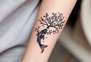 sakura tree, a moon, a koi fish with line wor tattoo idea