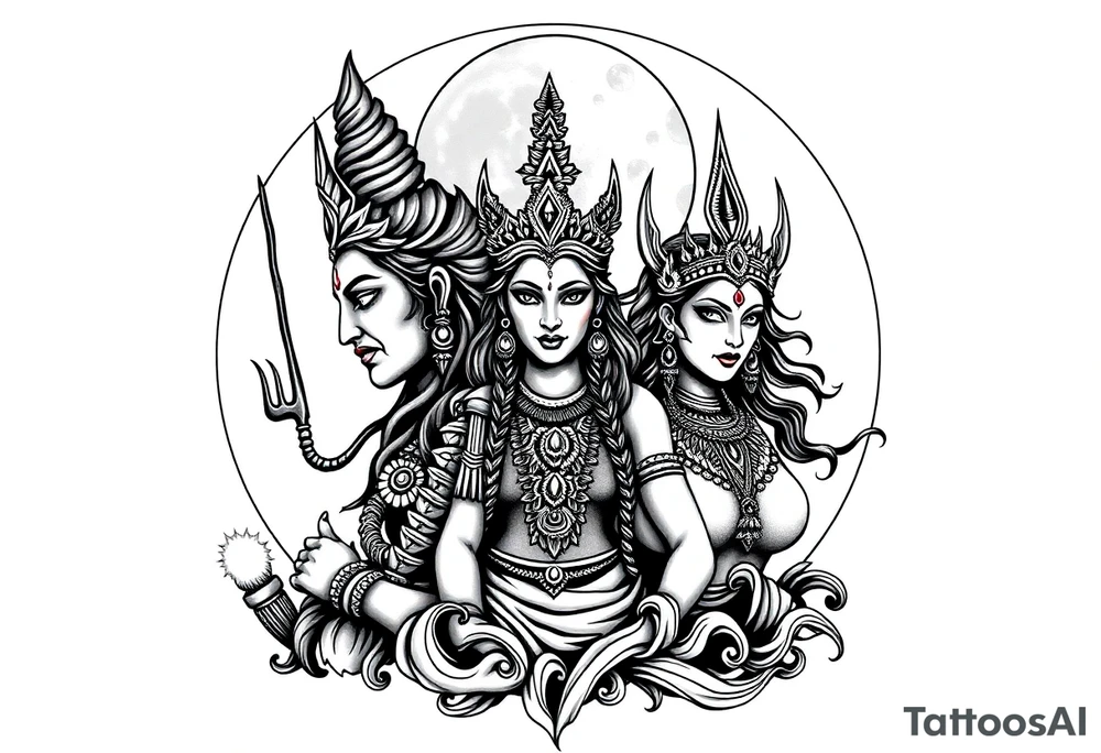 Lord Shiva, Godess Kali, Godess Lilith with the moon phases in the background tattoo idea