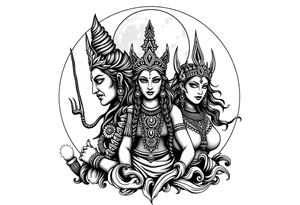 Lord Shiva, Godess Kali, Godess Lilith with the moon phases in the background tattoo idea