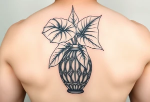Large Decorative vase with large monstera leaves tattoo idea
