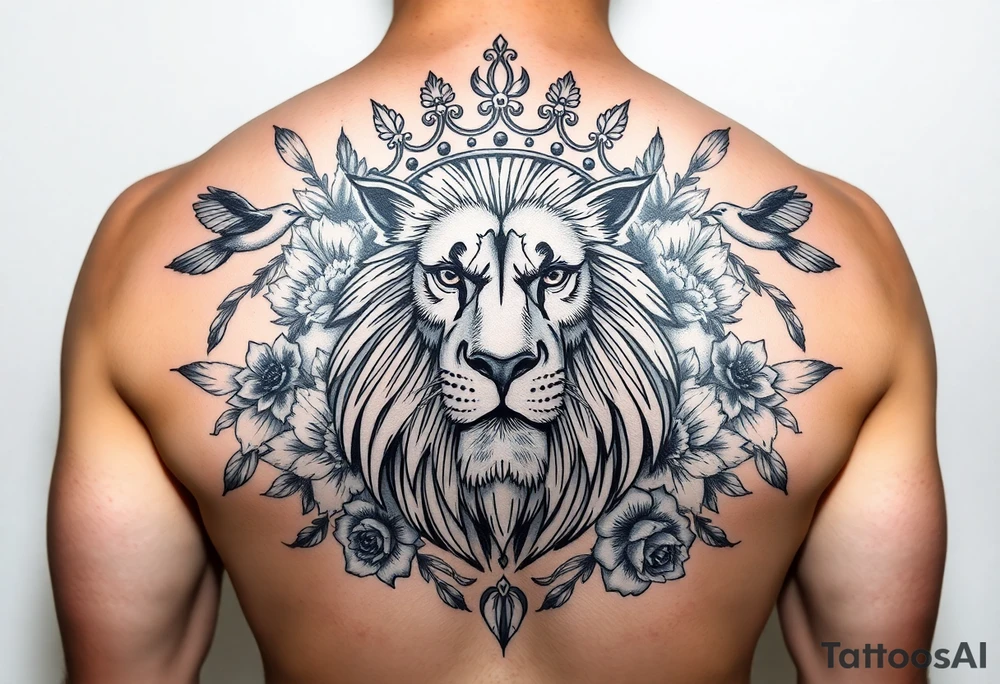 powerful majestic lion with a crown, surrounded by floral ornaments and birds tattoo idea