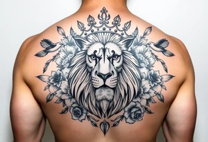 powerful majestic lion with a crown, surrounded by floral ornaments and birds tattoo idea