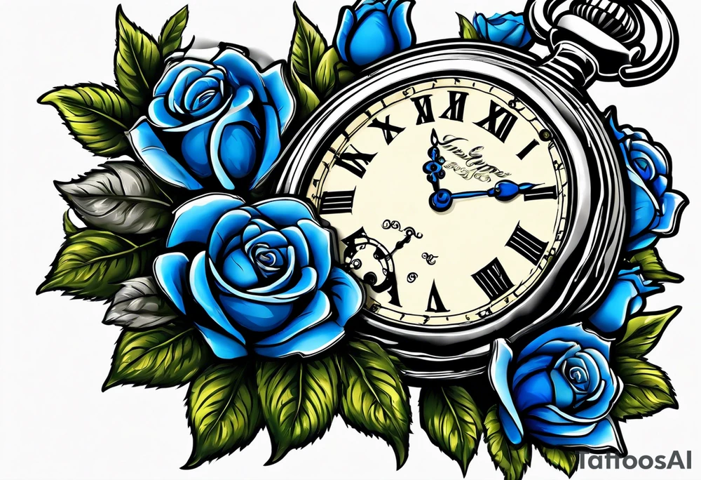 Pocket watch with blue roses tattoo idea