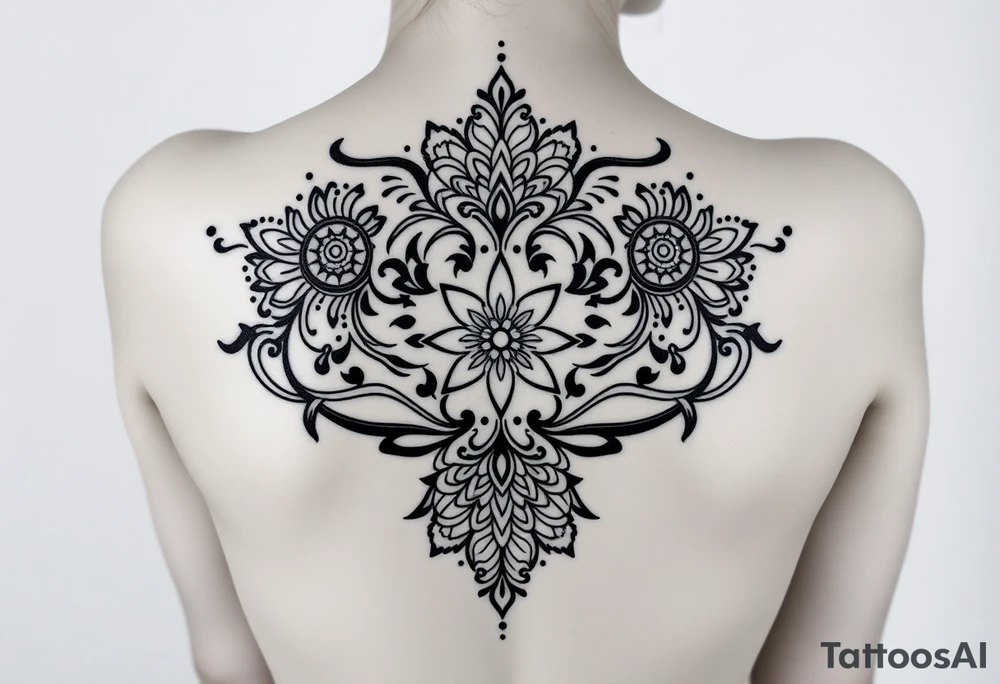 spine tattoo design with symmetrical ornamental patterns, combining dotwork, mandala elements, and flowing lines that follow the natural curves of the body with tribal-inspired lower back tattoo with sweeping symmetrical curves, bold linework, and soft floral accents, creating a feminine yet powerful aesthetic. The design is intricate and balanced. tattoo idea
