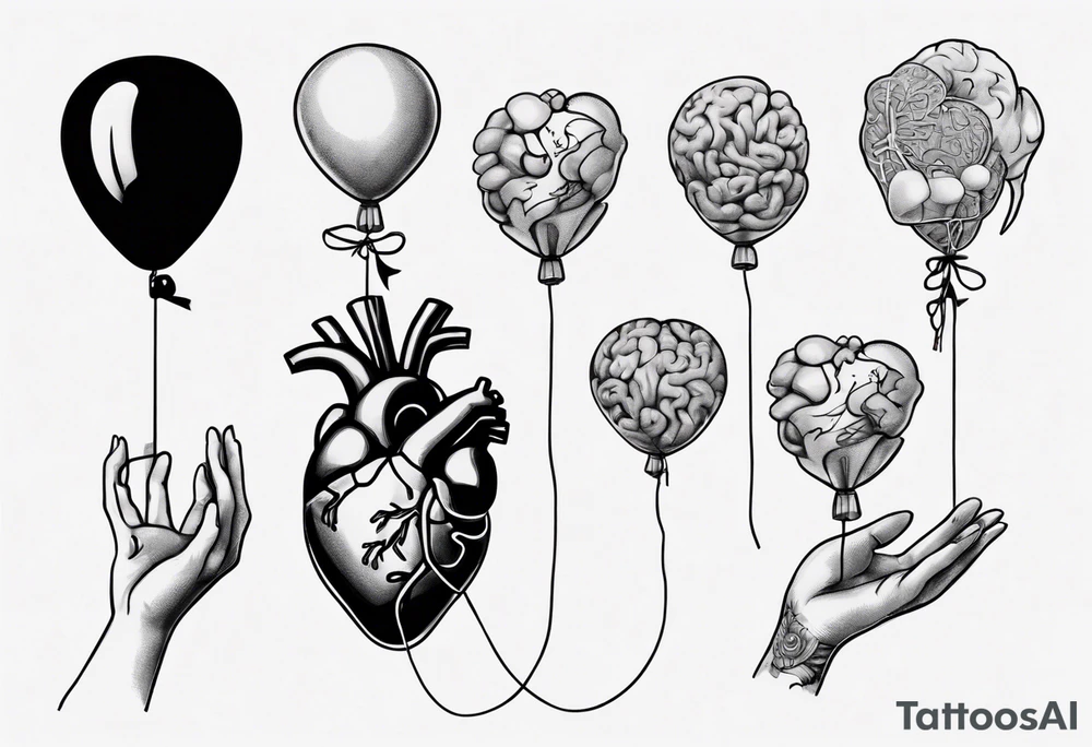 Woman's hand holding balloons tied to string, balloons in shape of anatomical heart and an anatomical brain tattoo idea