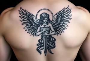 Fierce Female Angel warrior with dagger and lighting bolts going around body Greek mythology style with dark shading tattoo idea