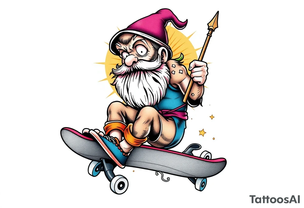 an old bearded peter pan riding a skateboard tattoo idea