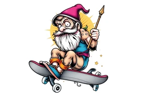 an old bearded peter pan riding a skateboard tattoo idea