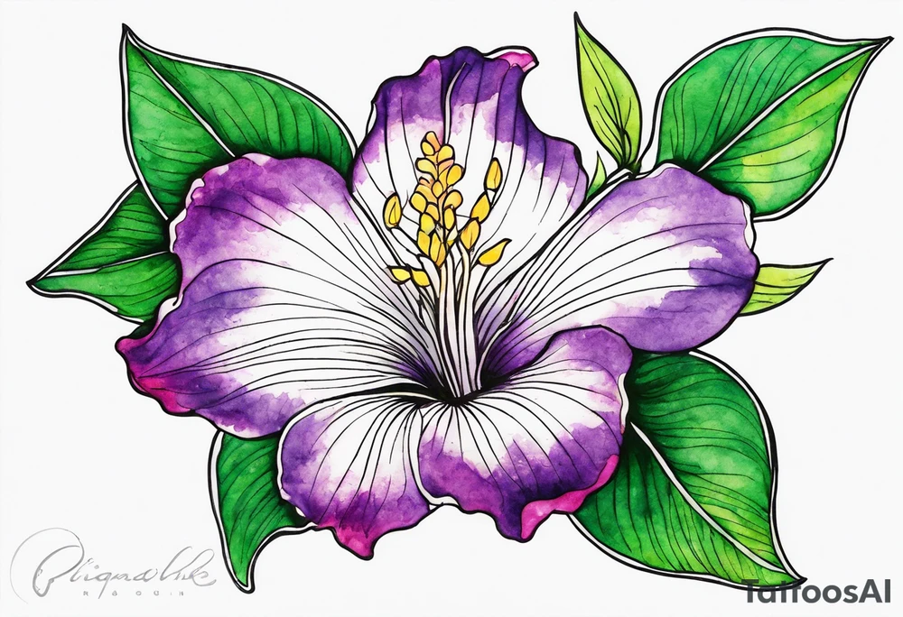 An outline of a rio dipladenia flower with a green and purple watercolor mix in the background tattoo idea