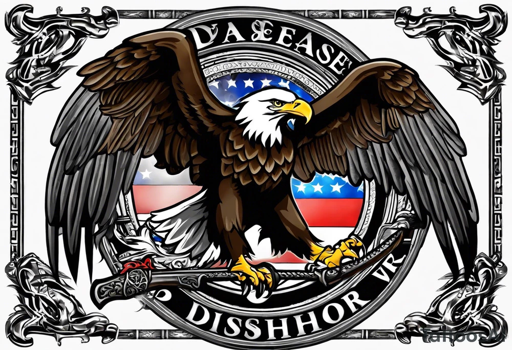 tattoo featuring an American eagle, 

add the words "Death Before Dishonor" on a scroll or something, add a sword or knife 

bottom left is closest, background filling not needed. 

use the Eagle style face of the bottom right

left hand side drawings are great, add a in the Eagles talons, remove background tattoo idea