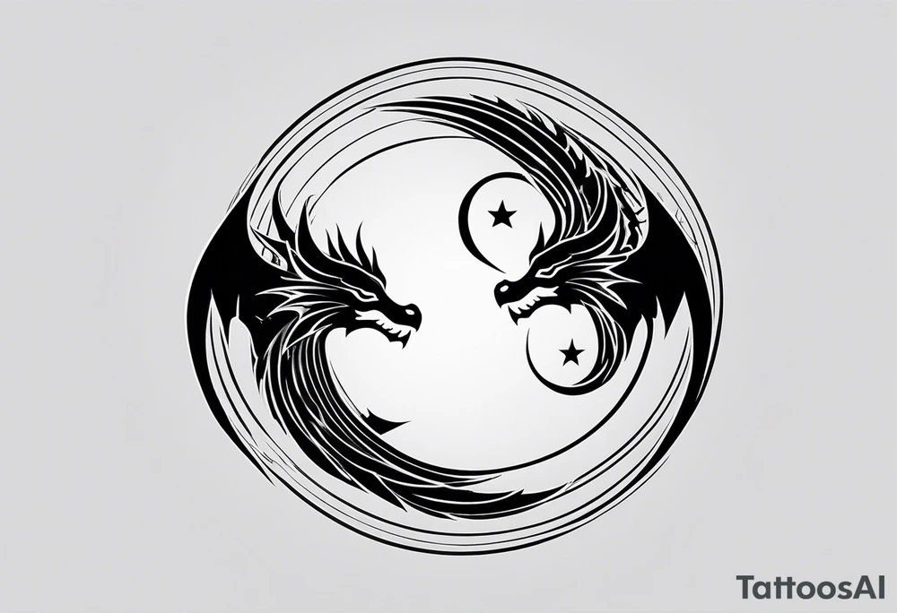 For a Gen Z-inspired dragon and phoenix tattoo, think of a clean, minimalist design that combines symbolism with bold, sleek lines. Imagine a dragon and phoenix spiraling together in a yin-yang-inspired layout. The dragon has a slightly abstract, modern shape, with sharp, flowing lines to show power, resilience, and wisdom, while the phoenix is rendered with sweeping curves and minimal detailing, symbolizing rebirth, growth, and transformation.

Both creatures should interact harmoniously, representing balance and duality. To keep it meaningful, focus on line work rather than intricate shading—clear, open spaces allow the tattoo to feel light and energetic. Adding small symbols, like stars or a faint galaxy backdrop, can enhance the "rising from ashes" and "strength through challenge" themes. This design will appeal timelessly while resonating with Gen Z’s love for symbolism and simplicity. tattoo idea