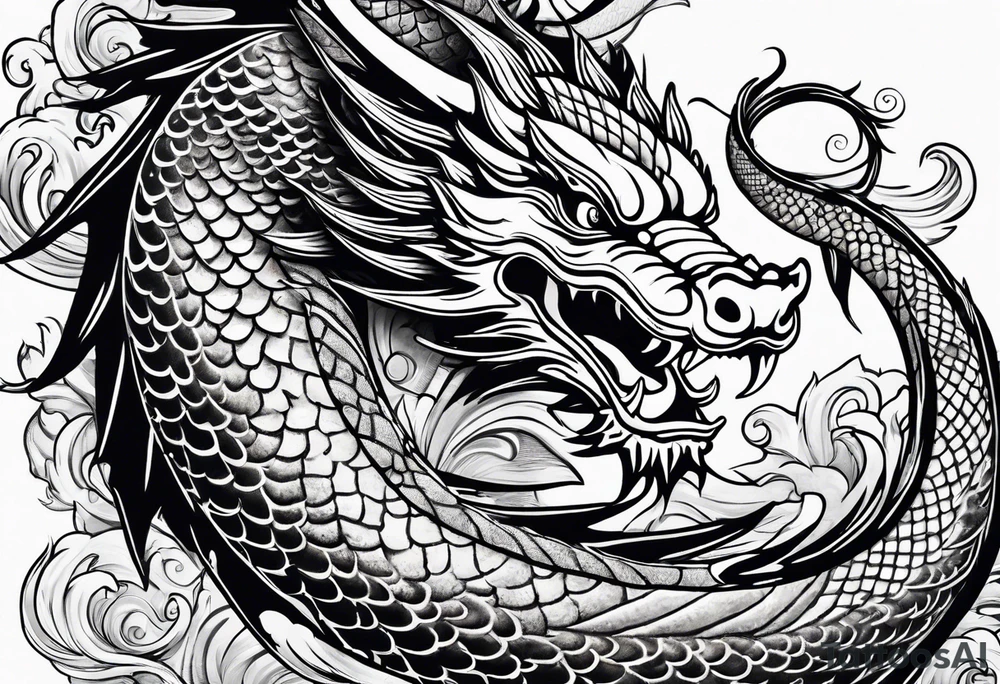 Asian Māori dragon, koi, water, black, shoulder tattoo idea