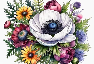 a white anemone with black center with equal sized mixed colorful wildflowers all with different shapes including thistles, ferns, ranuculus, and sun flowers all in watercolor tattoo idea