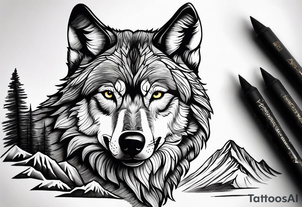 Mountains, wolf in it tattoo idea