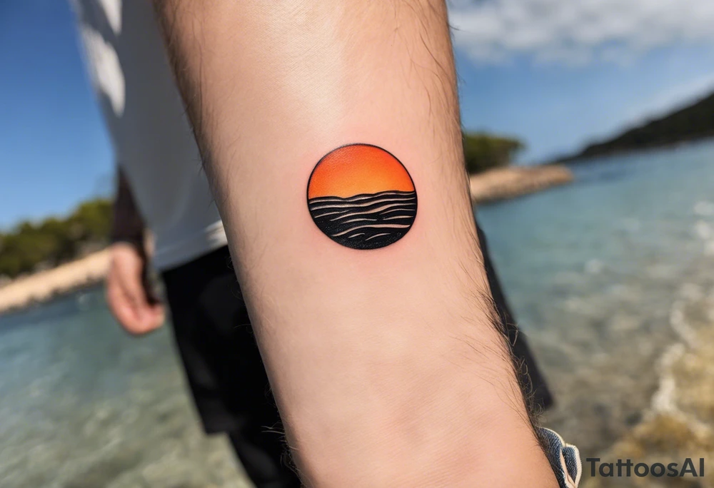 This is an extremely simple and minimalistic tattoo placed on male forearm. It is black and white with tiny splashes of orange from the sun. The tattoo is 4 inches wide by 2 inches tall. From the perspective of being on the ocean, the water is calm, with no waves in sight, the sun is setting behind the ocean, reflecting light onto the water. The water has shading. tattoo idea
