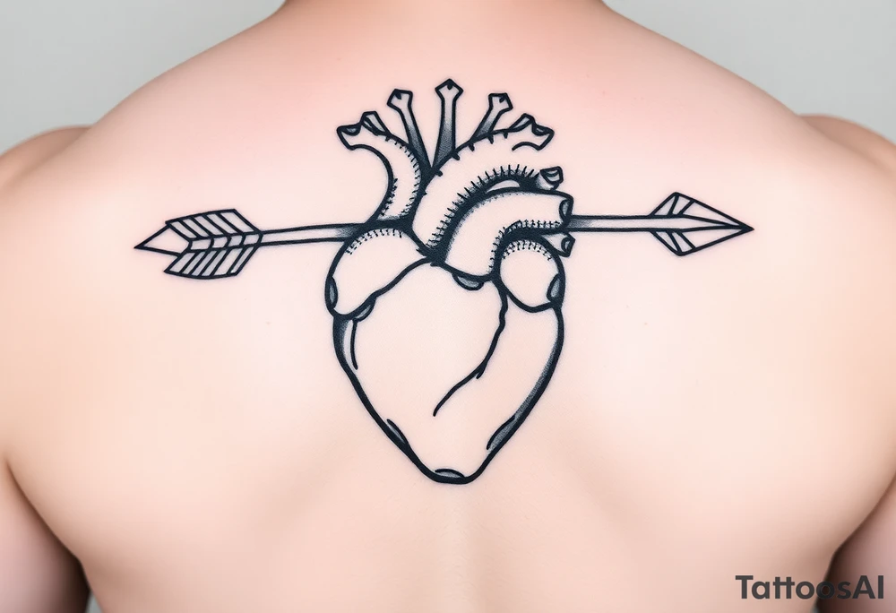 anatomical heart pierced by ornate arrow with flowing ribbons tattoo idea