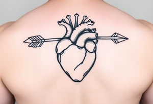 anatomical heart pierced by ornate arrow with flowing ribbons tattoo idea