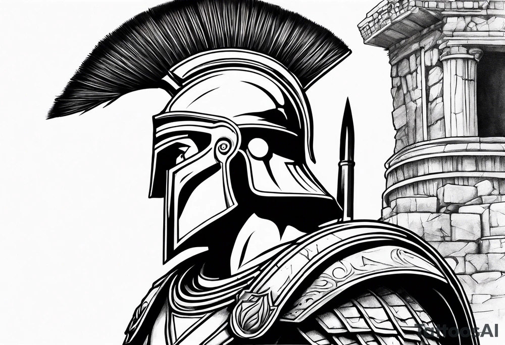 left Side profile of spartan soilder with ancient ruins in background tattoo idea