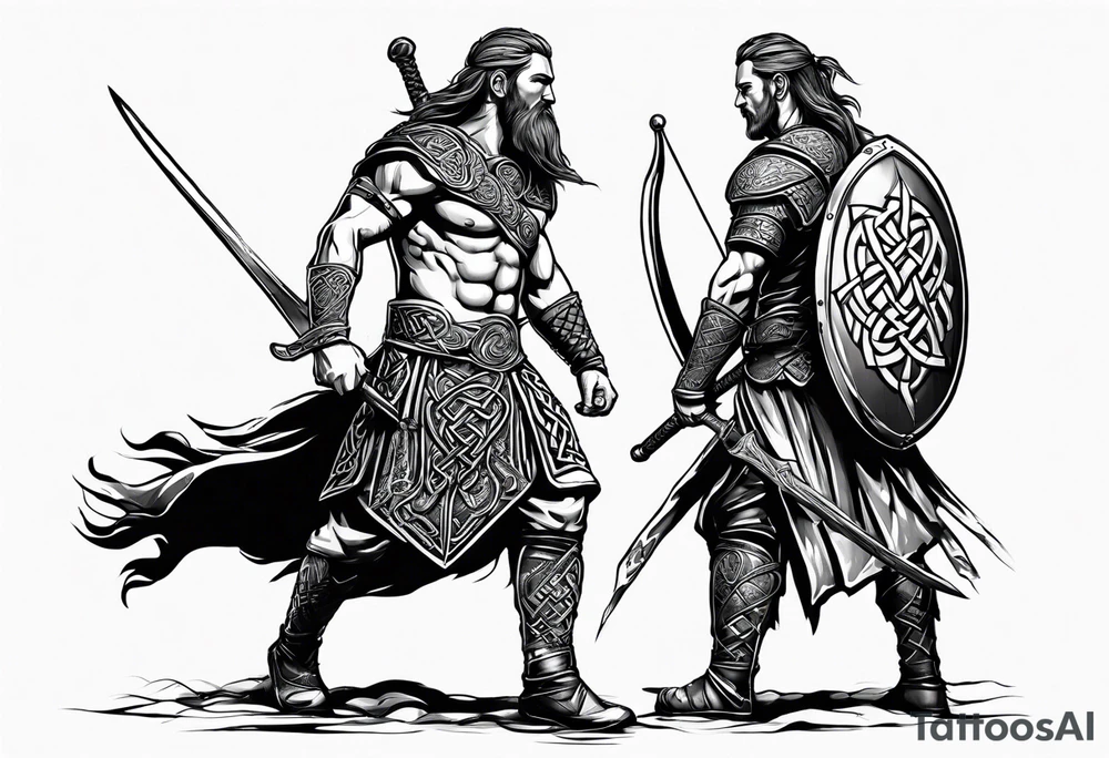 Side prfile full body of Celtic warrior walking into battle tattoo idea