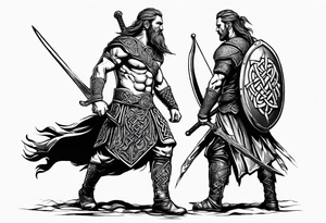 Side prfile full body of Celtic warrior walking into battle tattoo idea