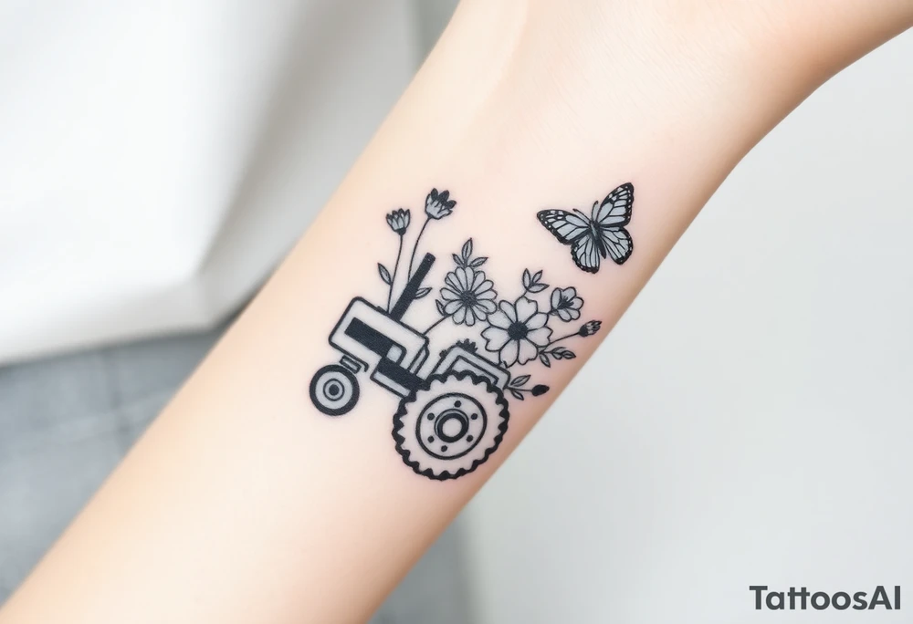 A small feminine tractor with flowers and butterfly tattoo idea