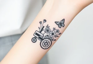 A small feminine tractor with flowers and butterfly tattoo idea