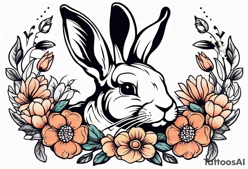 Realistic rabbit head and flowers tattoo idea