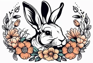Realistic rabbit head and flowers tattoo idea