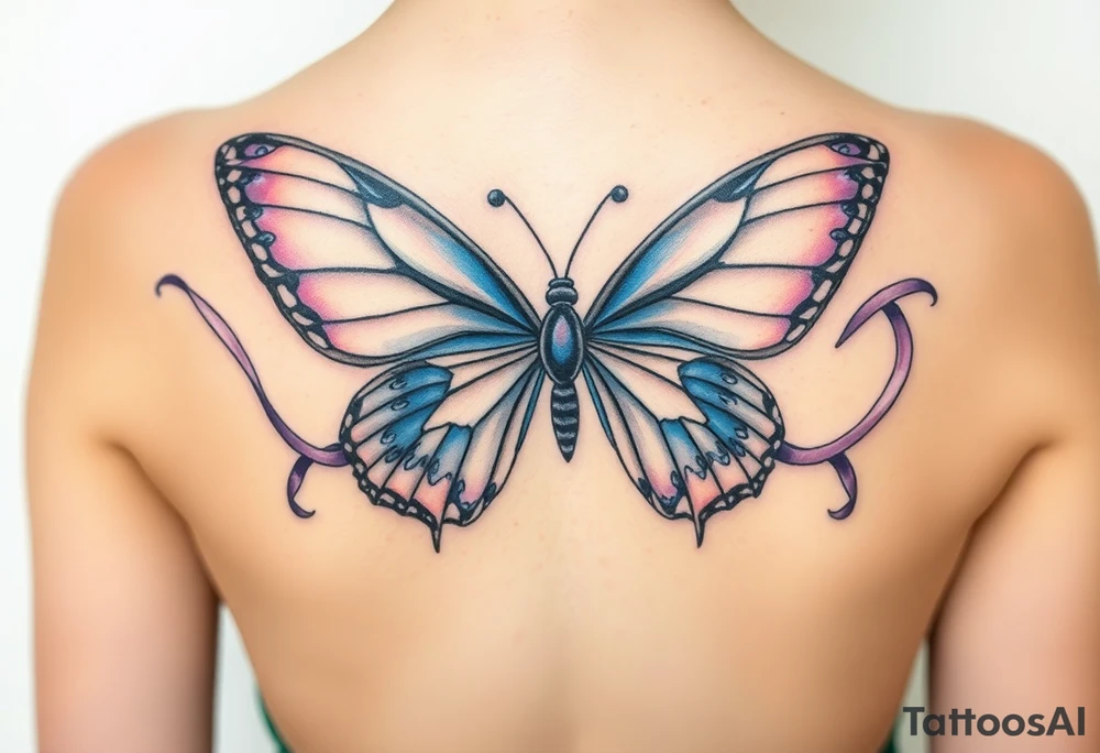 ethereal butterfly with flowing silk ribbons in moonlight tattoo idea