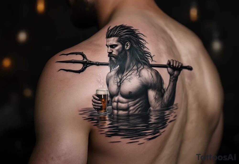 young, fit poseidon in calm water, holding a trident, drinking a beer, with sunset tattoo idea