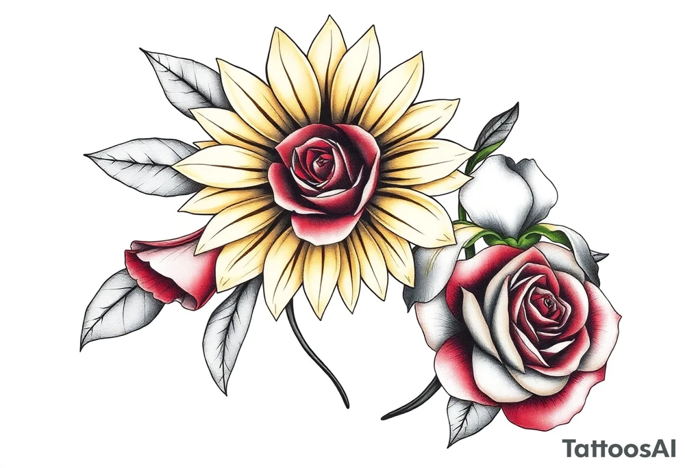 Sunflower,iris and a Rose flowers tattoo idea