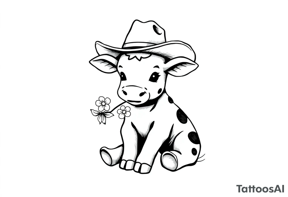 cute black and white baby cow sitting wearing a cowboy hat with a flower in mouth tattoo idea