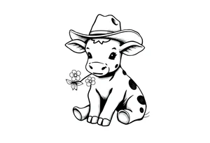 cute black and white baby cow sitting wearing a cowboy hat with a flower in mouth tattoo idea