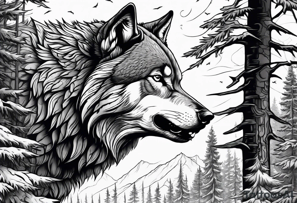 Detailed powerful angry AlphaWolf in Front of a scary forest tattoo idea