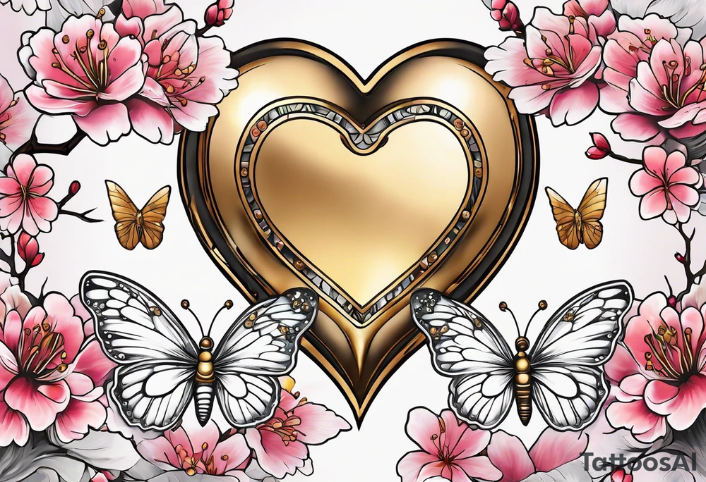 Cherry Blossom Tattoo with a key that unlocks a heart surrounded by white butterflies and in a golden aura tattoo idea