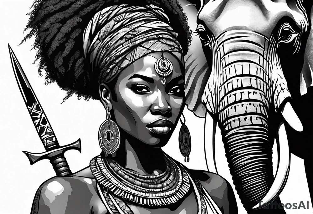 African woman warrior holding spear with deadlocks and earrings. Tribe marks on her face and tree Branch brids and Elephant in the background tattoo idea