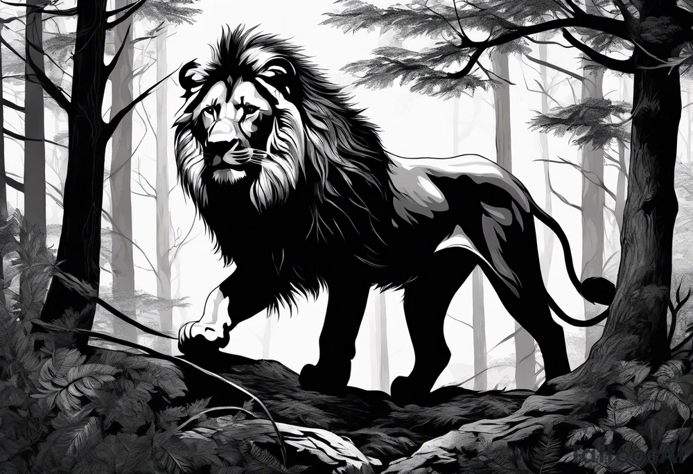 realistic black and gray dark
forest with a small lion walking into the forest tattoo idea