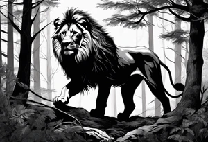 realistic black and gray  dark 
forest with a small lion walking into the forest tattoo idea