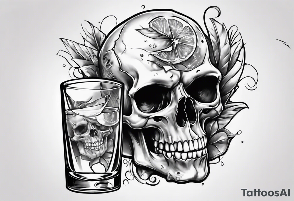 A smiling looking to the left scull inside the glass with alcohol and piece of lime tattoo idea