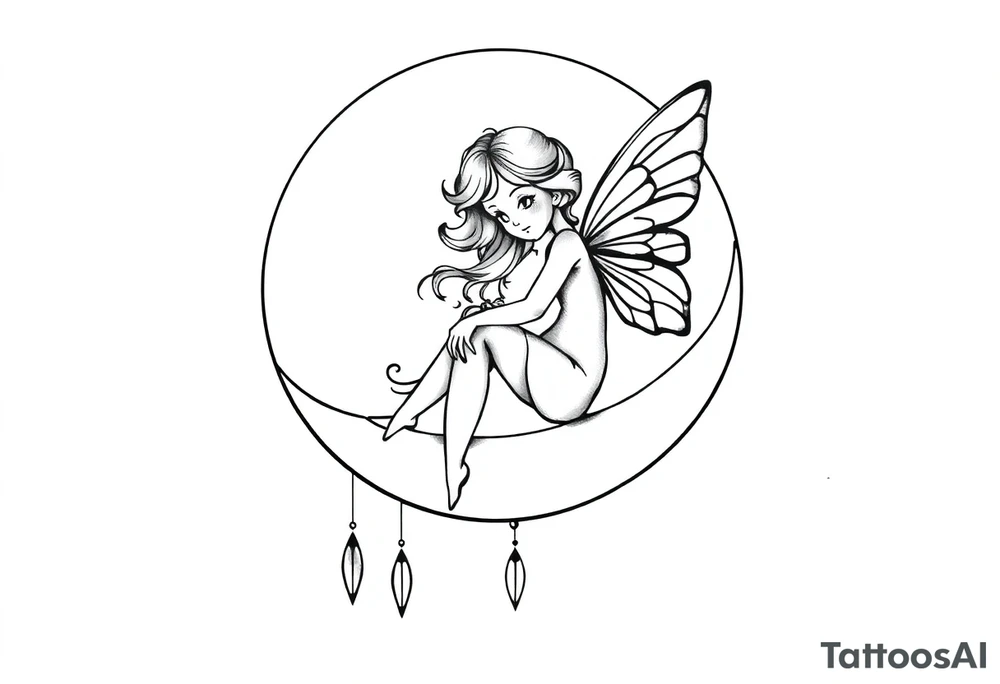 Solid black design. Fairy sitting on moon with dangles tattoo idea