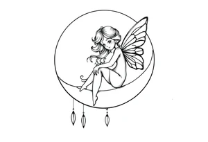 Solid black design. Fairy sitting on moon with dangles tattoo idea