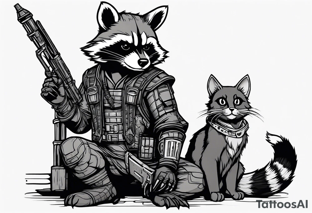 Rocket raccoon sitting with a small black cat tattoo idea