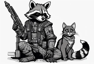 Rocket raccoon sitting with a small black cat tattoo idea