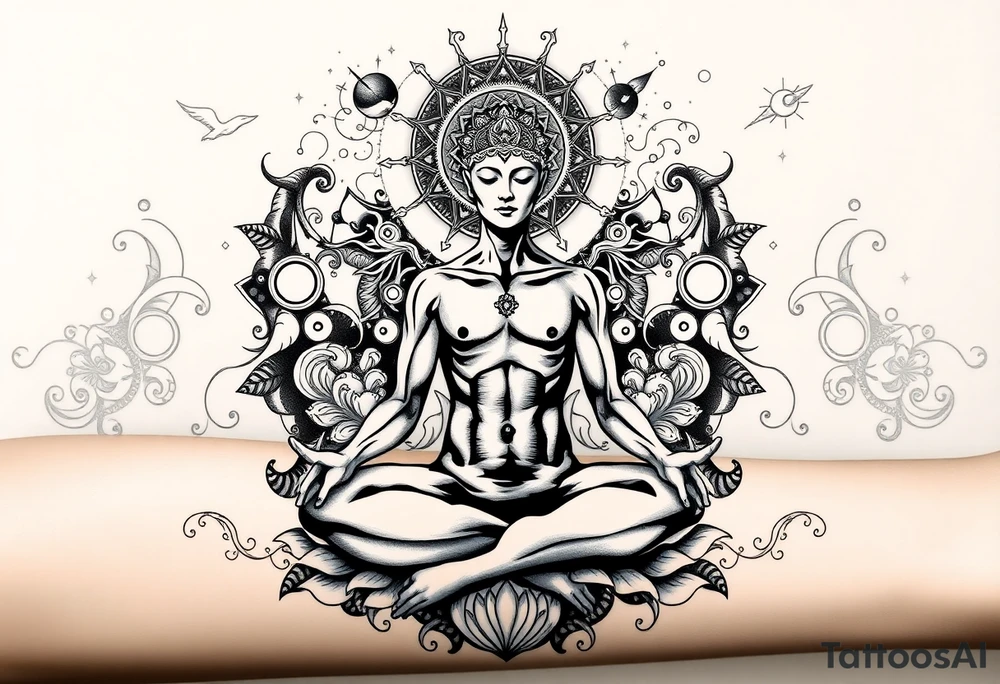a figure sitting in lotus position meditating based on the lyrics “doing time in the universal mind” by the doors - with a psychedelic trippy background as the meditation expands out from his head into the universe / cosmos tattoo idea
