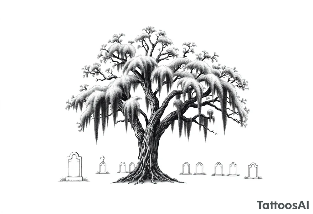 Laurel oak covered in Spanish moss in a cemetery tattoo idea